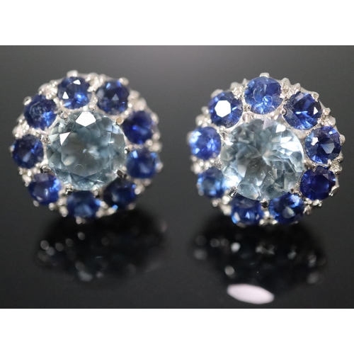 281 - Pair of 18ct Platinum sapphire and aquamarine Edwardian design earrings, the central aquamarine ston... 