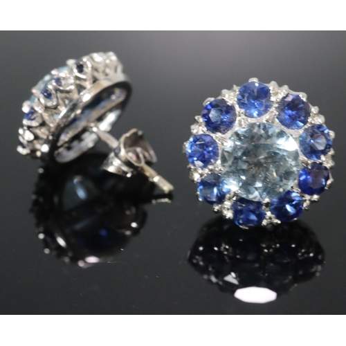 281 - Pair of 18ct Platinum sapphire and aquamarine Edwardian design earrings, the central aquamarine ston... 