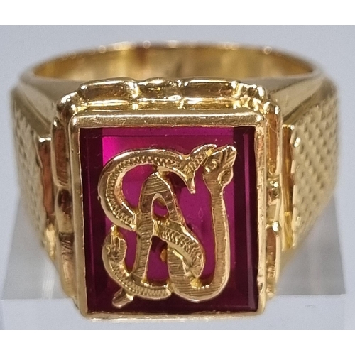 286 - 18ct gold gents signet ring with monogram and red stone (possibly ruby).  25.8g approx.   Size U1/2.... 