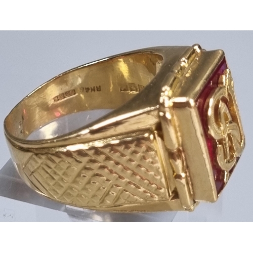 286 - 18ct gold gents signet ring with monogram and red stone (possibly ruby).  25.8g approx.   Size U1/2.... 