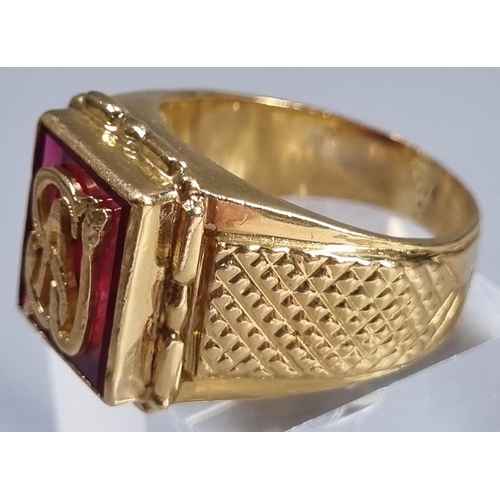 286 - 18ct gold gents signet ring with monogram and red stone (possibly ruby).  25.8g approx.   Size U1/2.... 