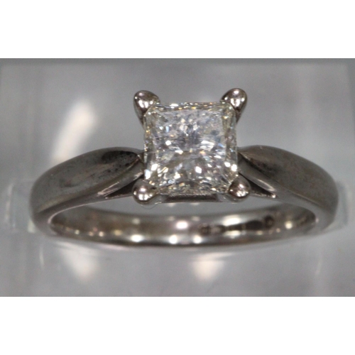 287 - 18ct white gold, princess cut diamond solitaire ring.  Size J.  4.1g approx.  (B.P. 21% + VAT)