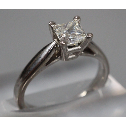 287 - 18ct white gold, princess cut diamond solitaire ring.  Size J.  4.1g approx.  (B.P. 21% + VAT)