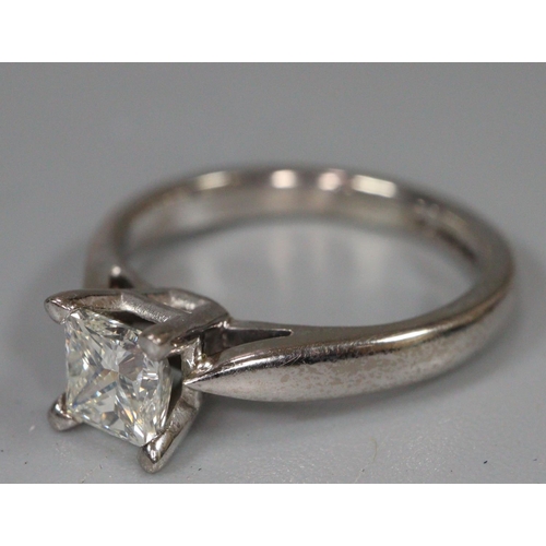 287 - 18ct white gold, princess cut diamond solitaire ring.  Size J.  4.1g approx.  (B.P. 21% + VAT)