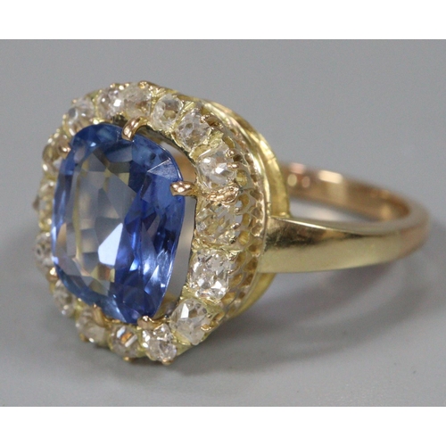 293 - 18ct gold sapphire and diamond ring, the sapphire 1.1cm approx.  Size N1/2.  7.2g approx.  (B.P. 21%... 