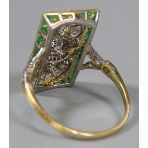 294 - Gold Art Deco diamond and emerald ring of rectangular form, appearing unmarked.  Size M.  4.5g appro... 