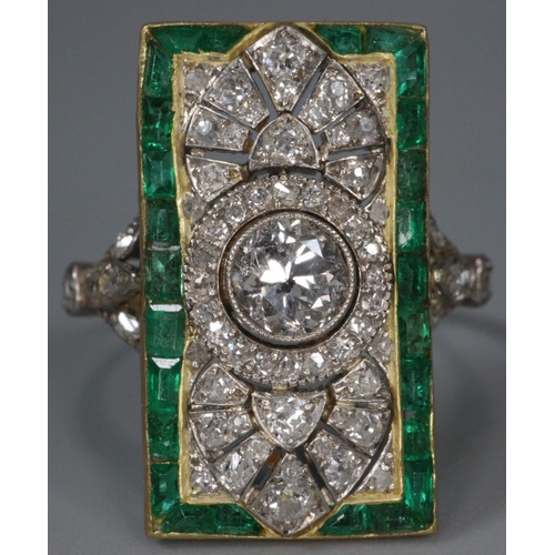 294 - Gold Art Deco diamond and emerald ring of rectangular form, appearing unmarked.  Size M.  4.5g appro... 