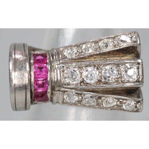 296 - Art Deco design diamond and ruby on platinum ring, appearing unmarked.  Size M1/2.  7.1g approx.  (B... 