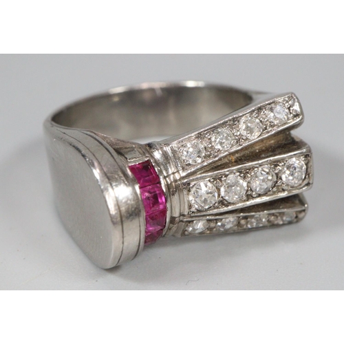 296 - Art Deco design diamond and ruby on platinum ring, appearing unmarked.  Size M1/2.  7.1g approx.  (B... 