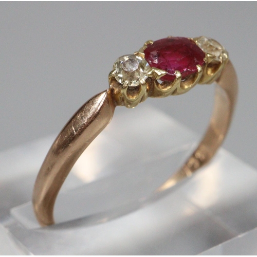 301A - 18ct gold Edwardian design ruby and diamond three stone ring. Ring size P & 1/2. 2.5g approx.
(B.P. ... 