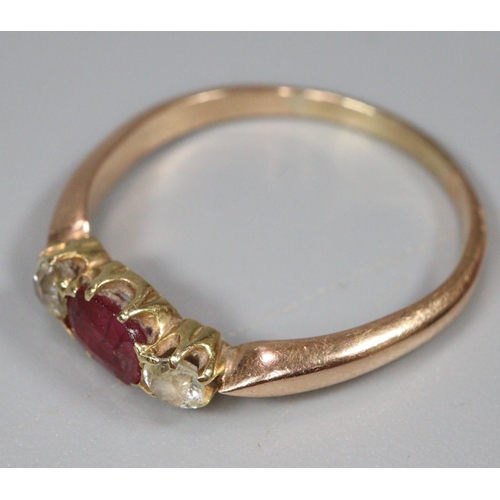 301A - 18ct gold Edwardian design ruby and diamond three stone ring. Ring size P & 1/2. 2.5g approx.
(B.P. ... 