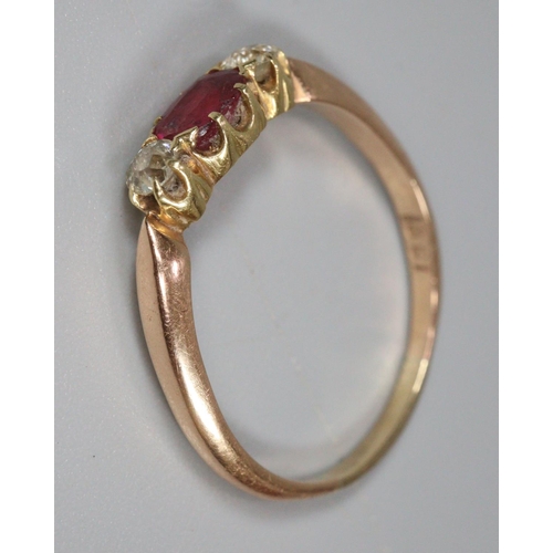 301A - 18ct gold Edwardian design ruby and diamond three stone ring. Ring size P & 1/2. 2.5g approx.
(B.P. ... 