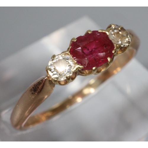 301A - 18ct gold Edwardian design ruby and diamond three stone ring. Ring size P & 1/2. 2.5g approx.
(B.P. ... 