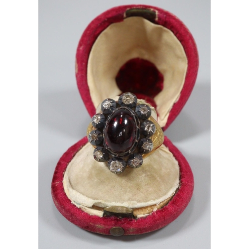 304 - Garnet carbuncle and diamond ring on 14ct gold band with letter written on black edged mourning pape... 