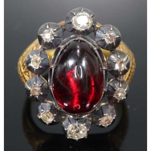 304 - Garnet carbuncle and diamond ring on 14ct gold band with letter written on black edged mourning pape... 