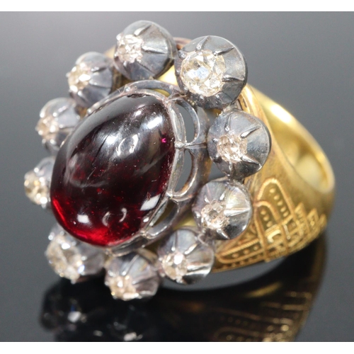 304 - Garnet carbuncle and diamond ring on 14ct gold band with letter written on black edged mourning pape... 