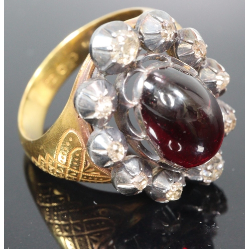 304 - Garnet carbuncle and diamond ring on 14ct gold band with letter written on black edged mourning pape... 