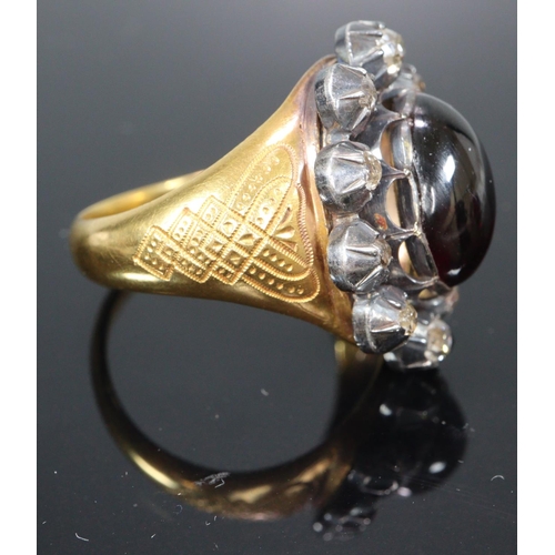 304 - Garnet carbuncle and diamond ring on 14ct gold band with letter written on black edged mourning pape... 