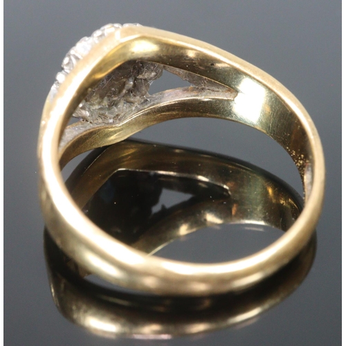 306 - 18ct gold bark finish diamond and sapphire ring. Size K1/2.   4.6g approx.  (B.P. 21% + VAT)