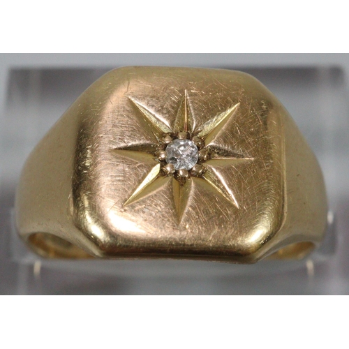 308 - 18ct gold gents signet ring inset with a small diamond chip.  Size N.  7.5g approx.  (B.P. 21% + VAT... 