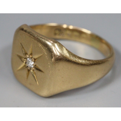 308 - 18ct gold gents signet ring inset with a small diamond chip.  Size N.  7.5g approx.  (B.P. 21% + VAT... 