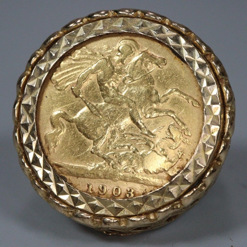 309 - Edward VII gold sovereign ring dated 1903 in 9ct gold ring mount.  Size L.  11g approx.  (B.P. 21% +... 