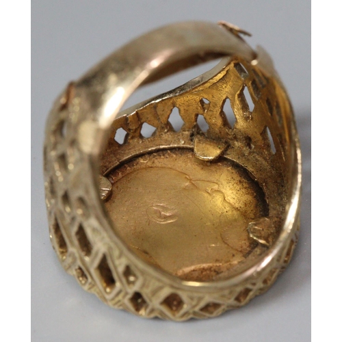 309 - Edward VII gold sovereign ring dated 1903 in 9ct gold ring mount.  Size L.  11g approx.  (B.P. 21% +... 