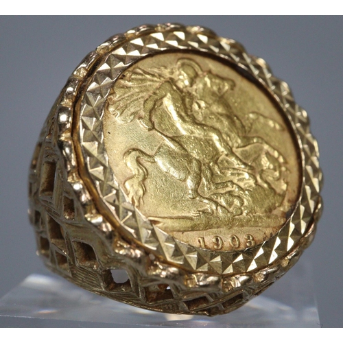 309 - Edward VII gold sovereign ring dated 1903 in 9ct gold ring mount.  Size L.  11g approx.  (B.P. 21% +... 