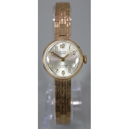 326 - Oriosa Swiss made 9ct gold ladies bracelet wristwatch with satin face having Arabic numerals and bar... 