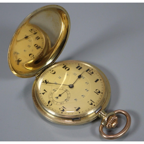 328 - 14ct gold engine turned and engraved full hunter top wind pocket watch having Arabic face with secon... 