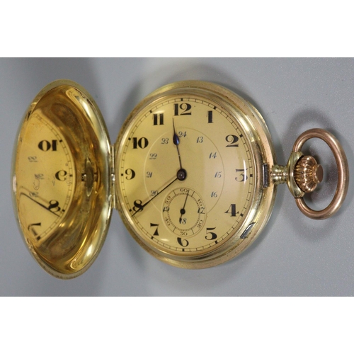 328 - 14ct gold engine turned and engraved full hunter top wind pocket watch having Arabic face with secon... 