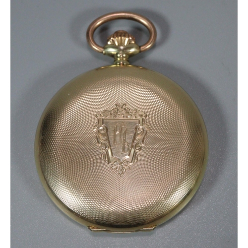 328 - 14ct gold engine turned and engraved full hunter top wind pocket watch having Arabic face with secon... 