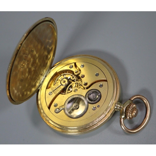 328 - 14ct gold engine turned and engraved full hunter top wind pocket watch having Arabic face with secon... 