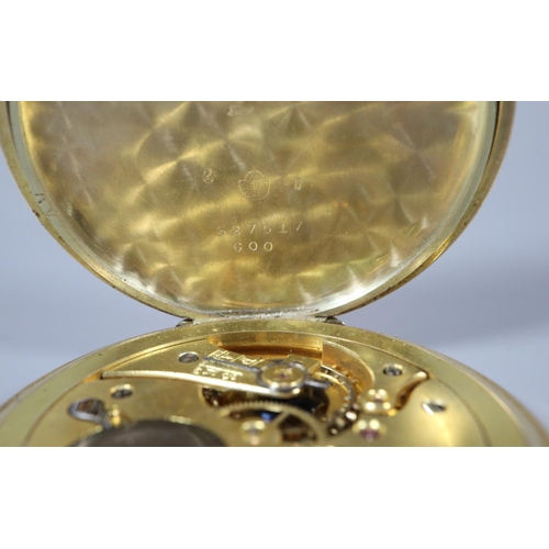 328 - 14ct gold engine turned and engraved full hunter top wind pocket watch having Arabic face with secon... 