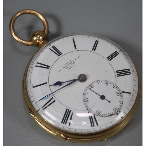 329 - 19th century 18ct gold key wind open faced lever pocket watch with Roman face having seconds dial , ... 