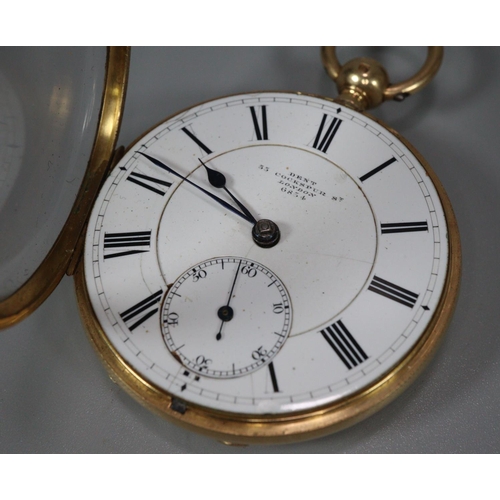 329 - 19th century 18ct gold key wind open faced lever pocket watch with Roman face having seconds dial , ... 