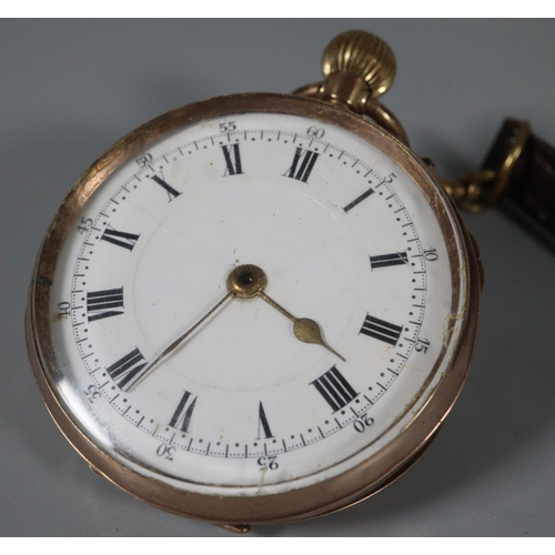 330 - 19th century gold keyless lever open faced pocket watch with Roman dial, unmarked, inner dust cover ... 