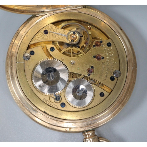 331 - 9ct gold Waltham keyless full hunter pocket watch having Roman face with seconds dial, the movement ... 