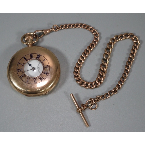 332 - 9ct gold half hunter keyless lever pocket watch with white enamel Roman face having seconds dial, Go... 