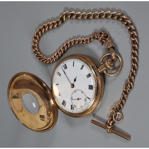 332 - 9ct gold half hunter keyless lever pocket watch with white enamel Roman face having seconds dial, Go... 