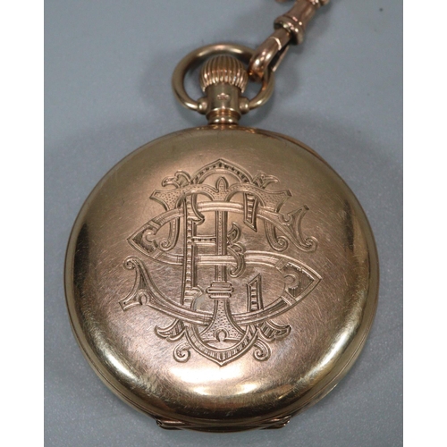 332 - 9ct gold half hunter keyless lever pocket watch with white enamel Roman face having seconds dial, Go... 