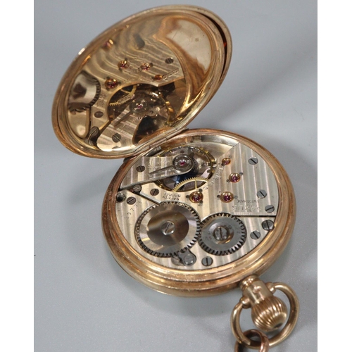 332 - 9ct gold half hunter keyless lever pocket watch with white enamel Roman face having seconds dial, Go... 