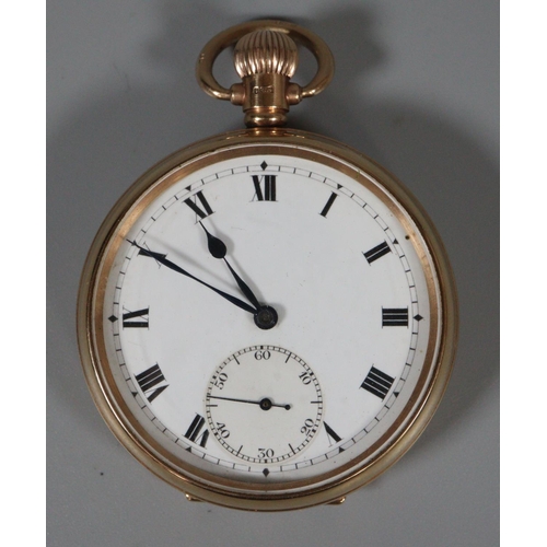 334 - 9ct gold keyless open faced lever pocket watch with Roman numerals and seconds dial.  5cm diameter a... 