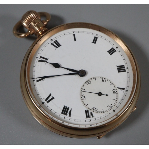 334 - 9ct gold keyless open faced lever pocket watch with Roman numerals and seconds dial.  5cm diameter a... 