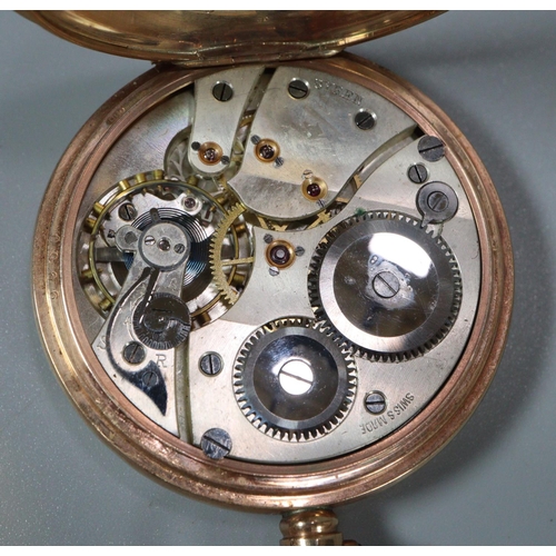 334 - 9ct gold keyless open faced lever pocket watch with Roman numerals and seconds dial.  5cm diameter a... 