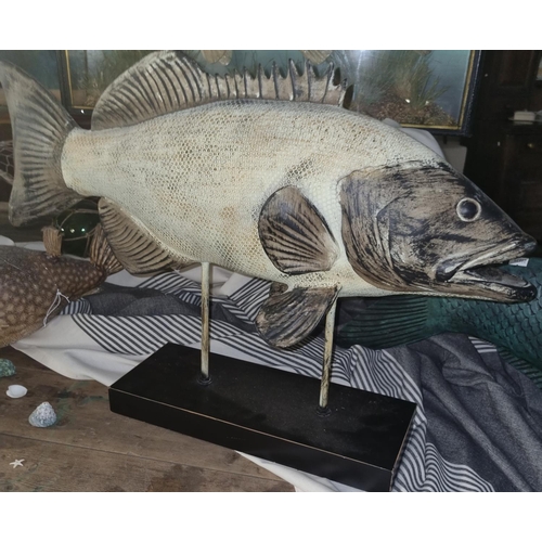 355 - Large modern bronze stylised study of a Koi Carp, 98cm long approx.  Together with a specimen Puffer... 