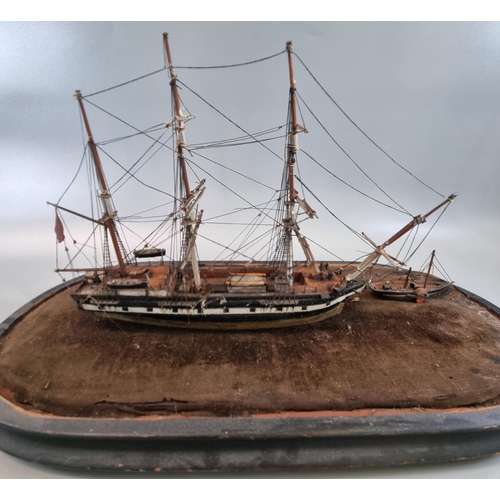 356 - 19th century scratch built wooden model of a three masted Naval ship with a small paddle wheeler nea... 