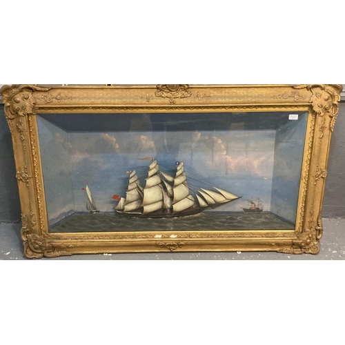 357 - Large 19th century cased ship diorama featuring a British three masted schooner under full sail, the... 