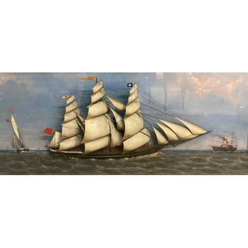 357 - Large 19th century cased ship diorama featuring a British three masted schooner under full sail, the... 