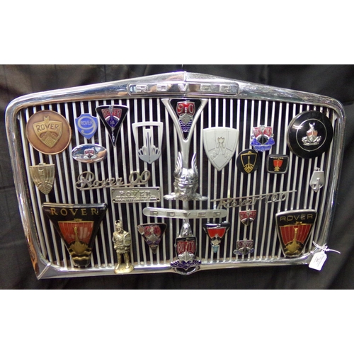 361 - Rover 90 post war radiator grill, mounted with a varied collection of assorted Rover vehicle badges.... 